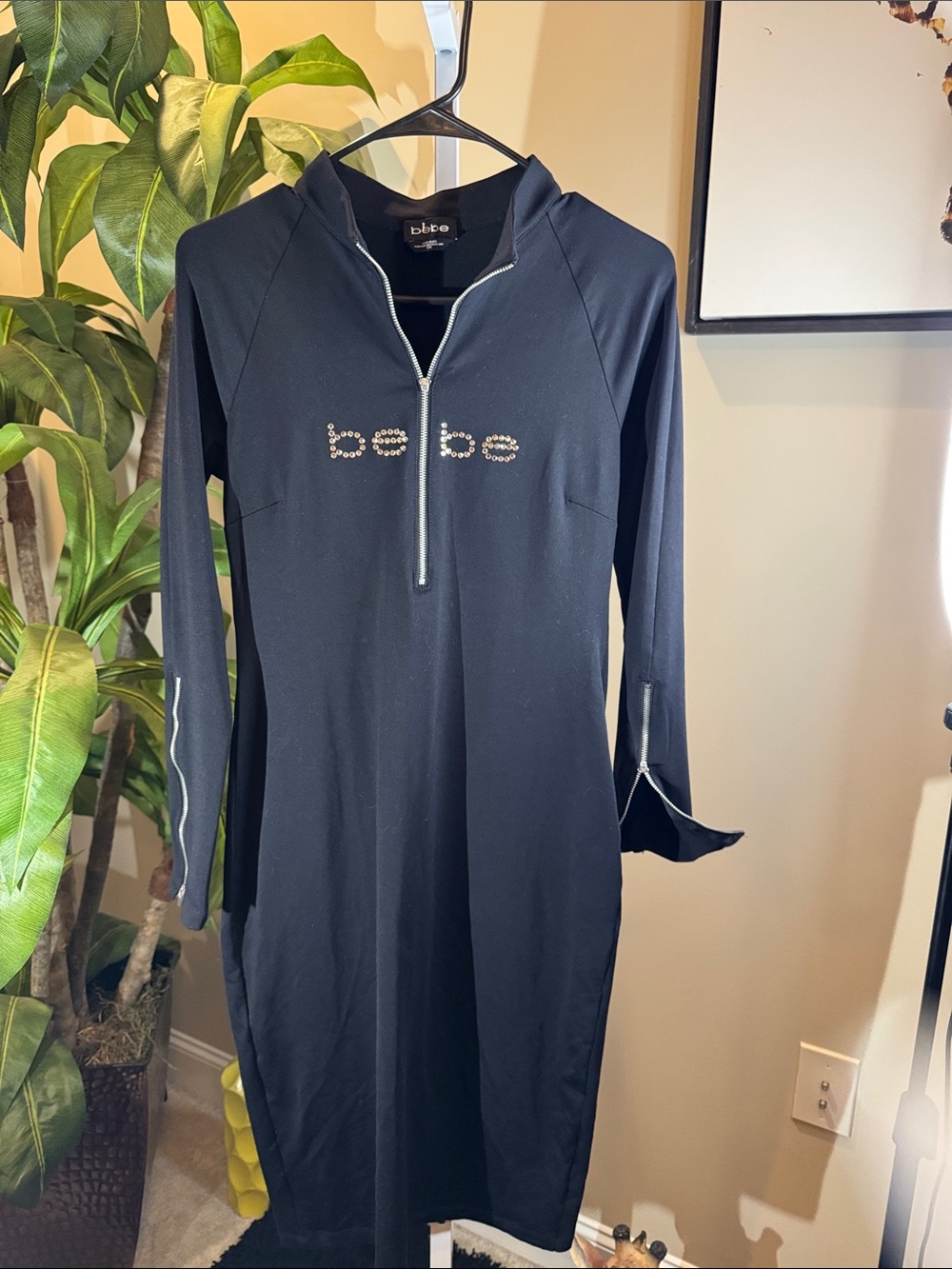 Bebe Black Long Sleeve Zip Dress with Rhinestone Logo, size L, worn once.